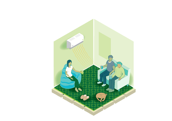 Warmer icon - showing three people sitting in a lounge with a heat pump on