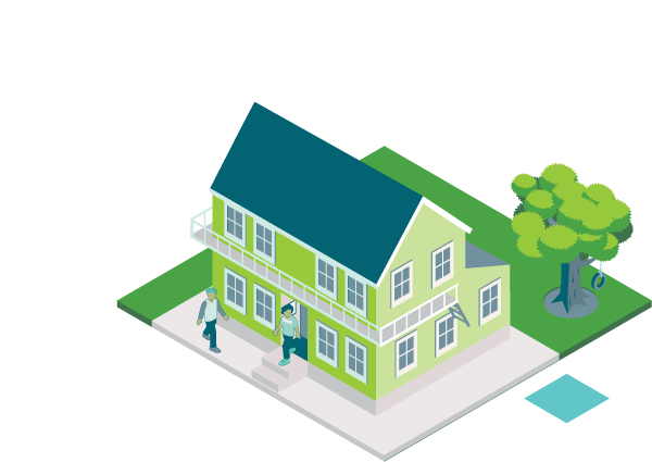 A townhouse, two people and a tree