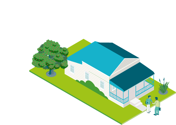 A house, two people and a tree