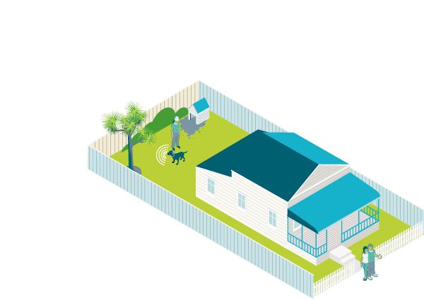 A house, three people, a dog, a kennel and a tree