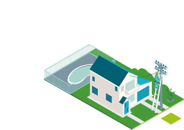 A house with a fenced swimming pool and a man up a ladder to a power pole