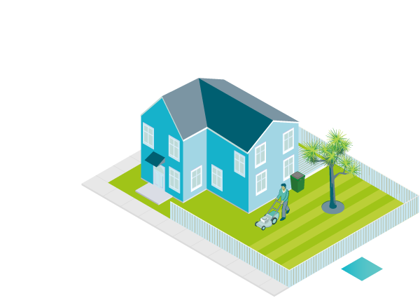 A house with a man mowing the lawn