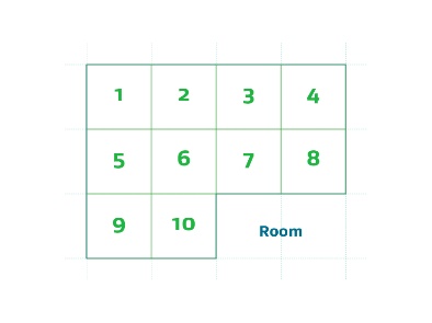 L shaped floor area as a grid. With 10 equal square shapes within the L shape. 